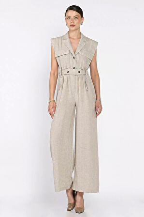 Bel Lastikli Kemerli Keten Tulum