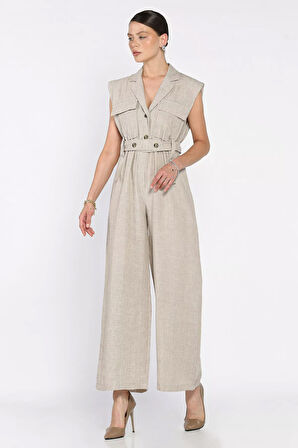 Bel Lastikli Kemerli Keten Tulum