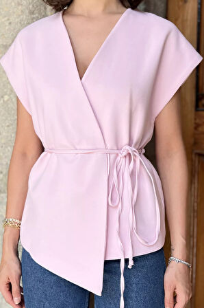 Kadın Kruvaze Yaka Bel Bağlama Detaylı Astarlı Yelek