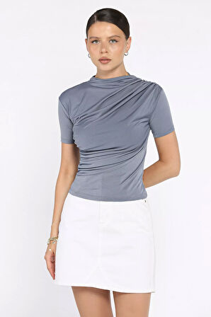 Kadın Omuz Ve Bel Drapeli Kısa Kol Bluz