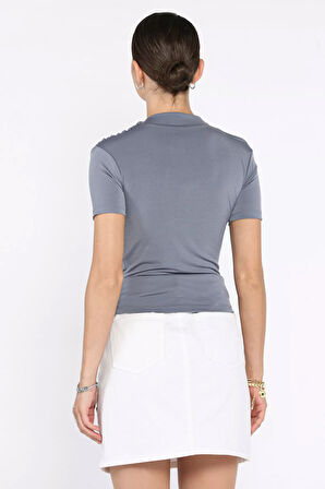 Kadın Omuz Ve Bel Drapeli Kısa Kol Bluz