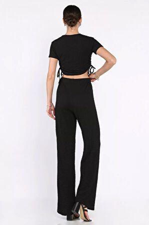 Kadın Kendinden Desenli Yan Büzgülü Bluz Pantolon İkili Takım