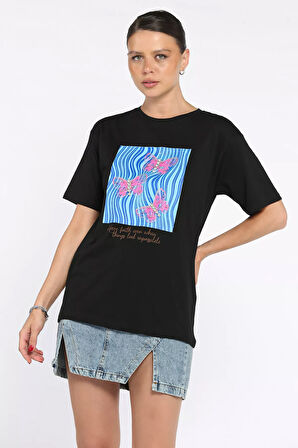 Kadın Bisiklet Yaka Baskılı Taş İşlemeli Tişört