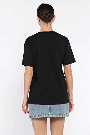 Kadın Bisiklet Yaka Baskılı Taş İşlemeli Tişört