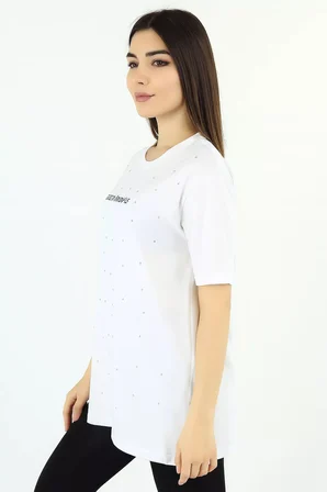 Kadın Yazı Baskılı Taşlı Bisiklet Yaka Tişört