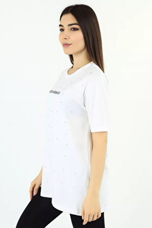 Kadın Yazı Baskılı Taşlı Bisiklet Yaka Tişört