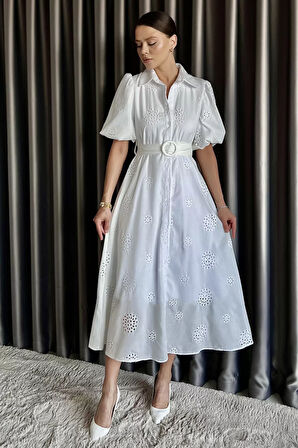 Gömlek Yaka Boydan Düğmeli Kemerli Elbise