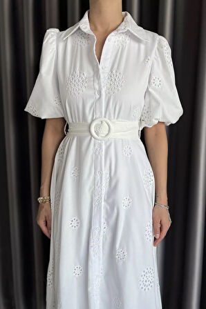 Gömlek Yaka Boydan Düğmeli Kemerli Elbise