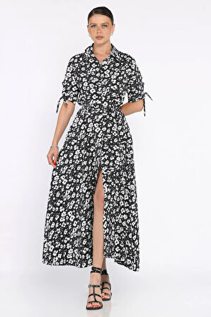 Kadın Düğmeli Çiçek Desenli Kısa Kol Elbise