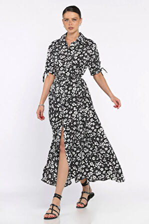 Kadın Düğmeli Çiçek Desenli Kısa Kol Elbise