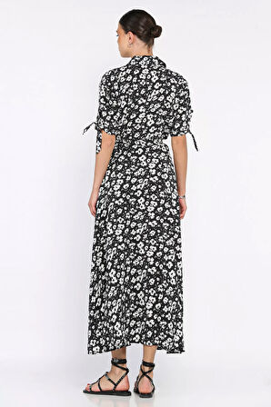 Kadın Düğmeli Çiçek Desenli Kısa Kol Elbise