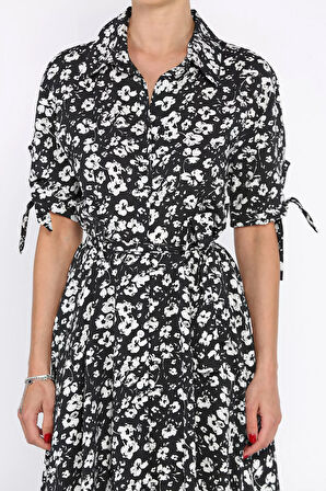 Kadın Düğmeli Çiçek Desenli Kısa Kol Elbise