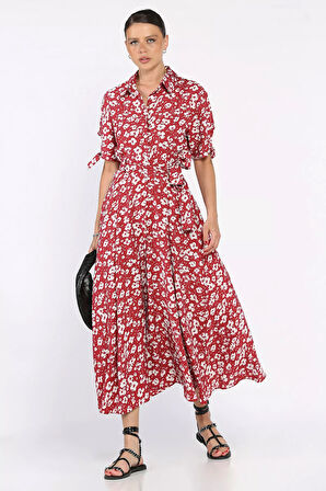 Kadın Düğmeli Çiçek Desenli Kısa Kol Elbise