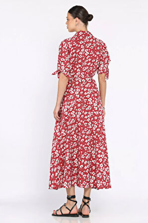 Kadın Düğmeli Çiçek Desenli Kısa Kol Elbise