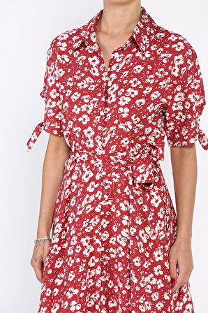 Kadın Düğmeli Çiçek Desenli Kısa Kol Elbise