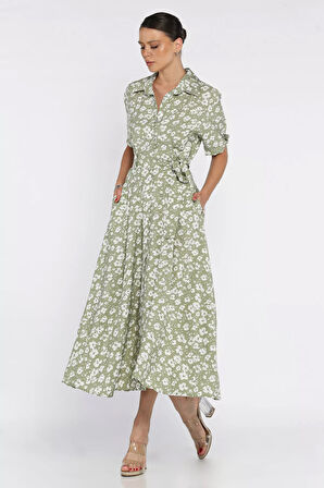 Kadın Düğmeli Çiçek Desenli Kısa Kol Elbise