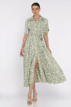 Kadın Düğmeli Çiçek Desenli Kısa Kol Elbise