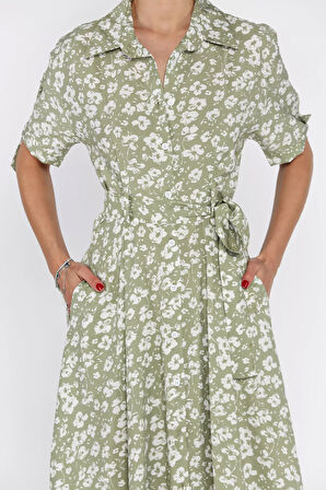 Kadın Düğmeli Çiçek Desenli Kısa Kol Elbise