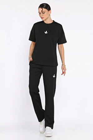 Kadın Nakış Detaylı Bisiklet Yaka Tişört Pantolon İkili Takım