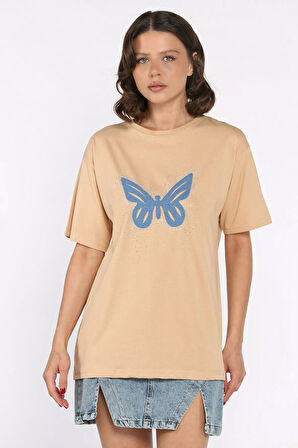 Bisiklet Yaka Taşlı Kelebek Motifli Kadın Tişört