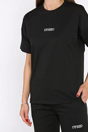 Kadın Bisiklet Yaka Nakış Detaylı Tişört Pantolon İkili Takım