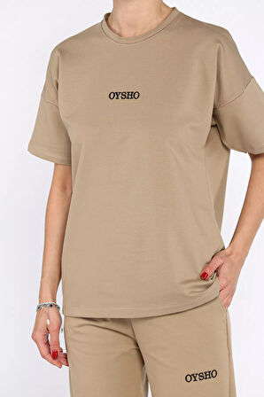 Kadın Bisiklet Yaka Nakış Detaylı Tişört Pantolon İkili Takım