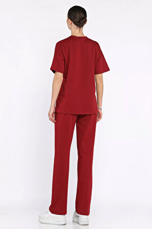 Kadın Bisiklet Yaka Nakış Detaylı Tişört Pantolon İkili Takım