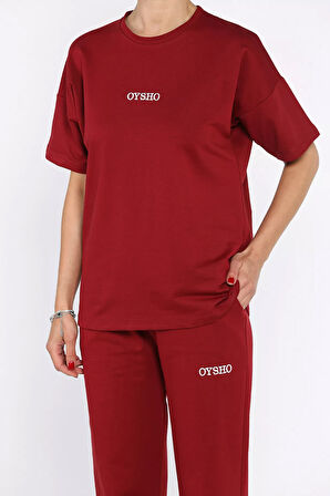 Kadın Bisiklet Yaka Nakış Detaylı Tişört Pantolon İkili Takım