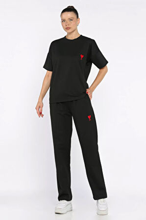 Kadın Kalp Nakışlı Bisiklet Yaka Tişört Pantolon İkili Takım