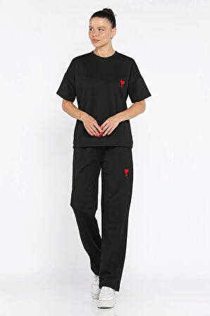 Kadın Kalp Nakışlı Bisiklet Yaka Tişört Pantolon İkili Takım