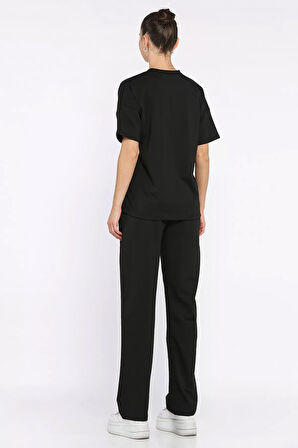 Kadın Kalp Nakışlı Bisiklet Yaka Tişört Pantolon İkili Takım