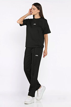 Kadın Çima Detaylı Nakışlı Pantolon Tişört İkili Takım