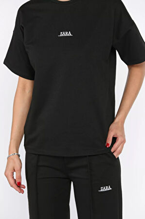 Kadın Çima Detaylı Nakışlı Pantolon Tişört İkili Takım