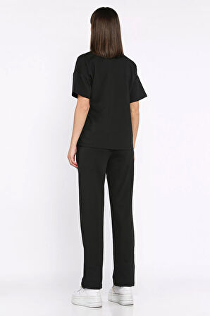 Kadın Çima Detaylı Nakışlı Pantolon Tişört İkili Takım