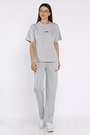 Kadın Çima Detaylı Nakışlı Pantolon Tişört İkili Takım