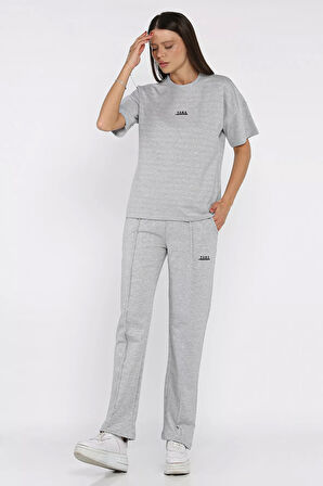 Kadın Çima Detaylı Nakışlı Pantolon Tişört İkili Takım