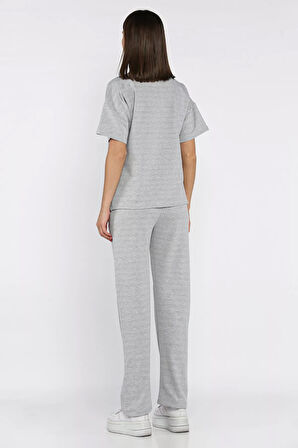 Kadın Çima Detaylı Nakışlı Pantolon Tişört İkili Takım