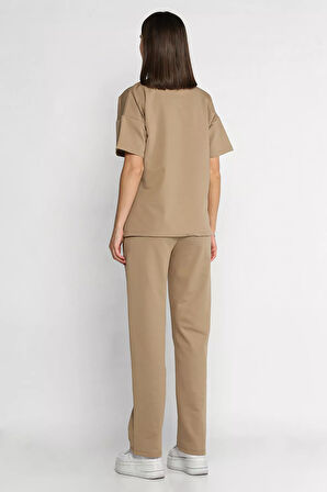 Kadın Çima Detaylı Nakışlı Pantolon Tişört İkili Takım