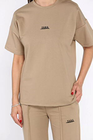 Kadın Çima Detaylı Nakışlı Pantolon Tişört İkili Takım