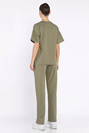 Kadın Çima Detaylı Nakışlı Pantolon Tişört İkili Takım