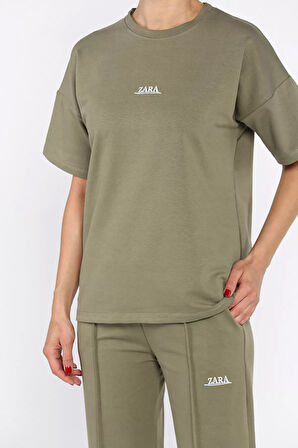 Kadın Çima Detaylı Nakışlı Pantolon Tişört İkili Takım