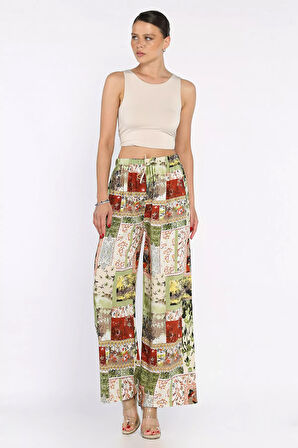 Kadın Bel Lastikli Etnik Desenli Büyük Beden Viskon Yürüyüş Pantolonu