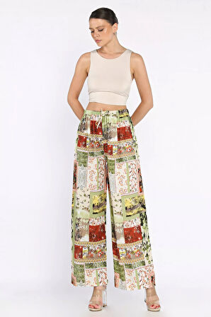 Kadın Bel Lastikli Etnik Desenli Büyük Beden Viskon Yürüyüş Pantolonu