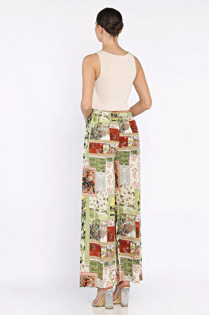 Kadın Bel Lastikli Etnik Desenli Büyük Beden Viskon Yürüyüş Pantolonu