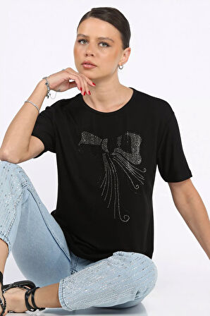 Kadın Bisiklet Yaka Taş İşlemeli Likralı Tişört