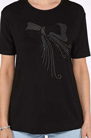 Kadın Bisiklet Yaka Taş İşlemeli Likralı Tişört