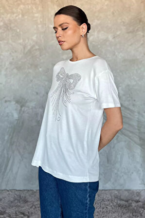 Kadın Bisiklet Yaka Taş İşlemeli Likralı Tişört