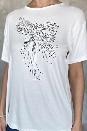 Kadın Bisiklet Yaka Taş İşlemeli Likralı Tişört