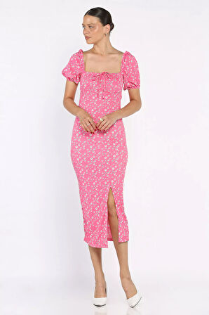 Yırtmaçlı Balon Kol Kadın Desenli Elbise