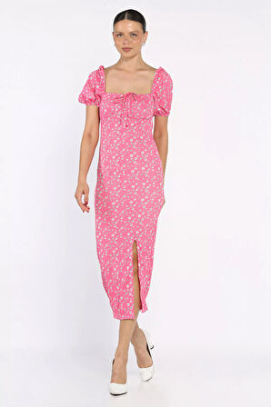 Yırtmaçlı Balon Kol Kadın Desenli Elbise